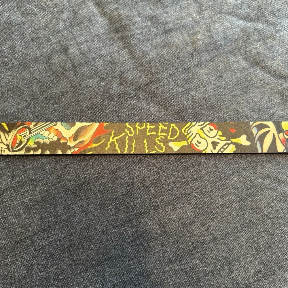 Ed Hardy black leather belt with colorful graffiti-style graphics Size 36 Waist